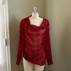 CAbi Asymmetrical Red and Black Long Sleeve Blouse